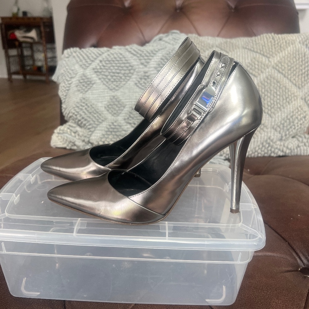 Coach Ankle Strap Metallic Silver Stiletto Heels 8.5